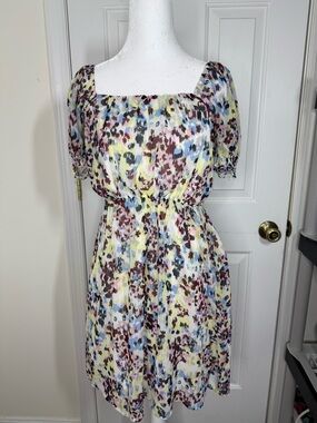 Banana Republic Yellow Multi Square-Neck Puff Sleeve Midi Dress